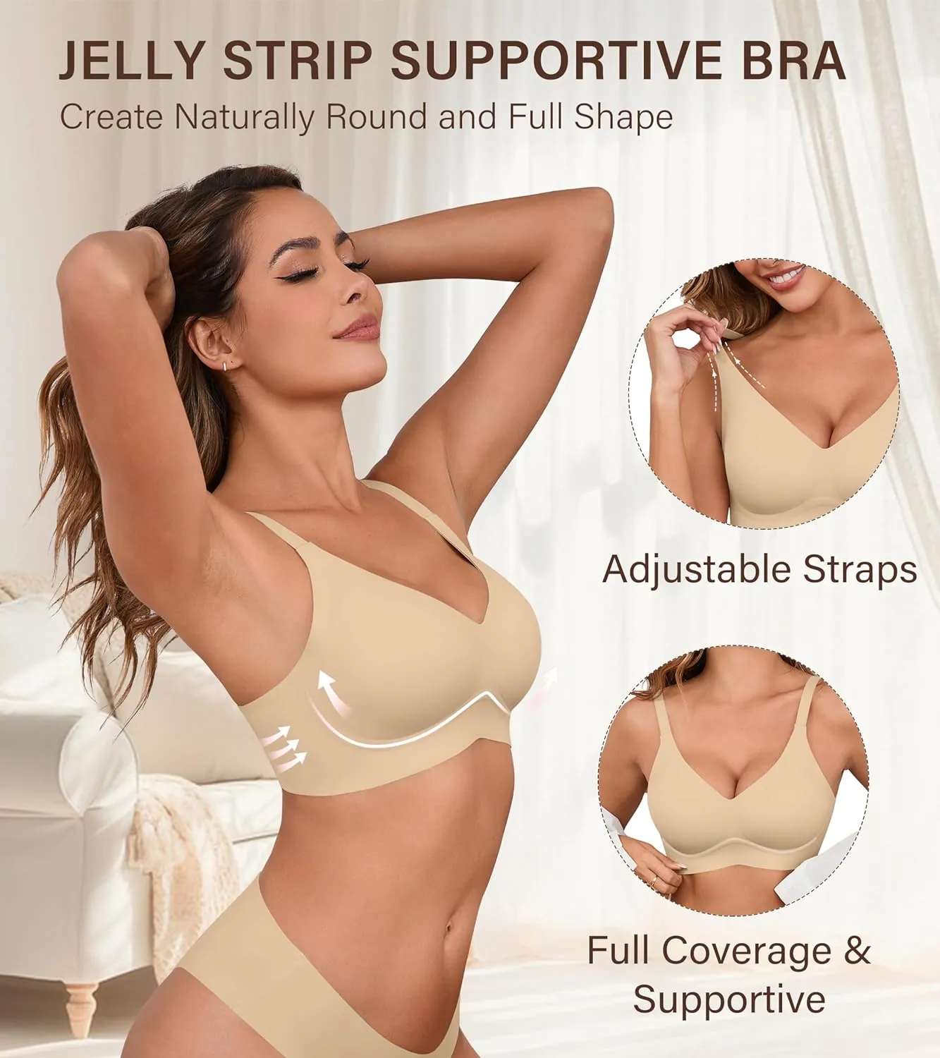 DEANGELMON Seamless Bras for Women No Underwire Comfortable Push Up Bra V Neck Wireless Bralette Full Coverage Wire Free