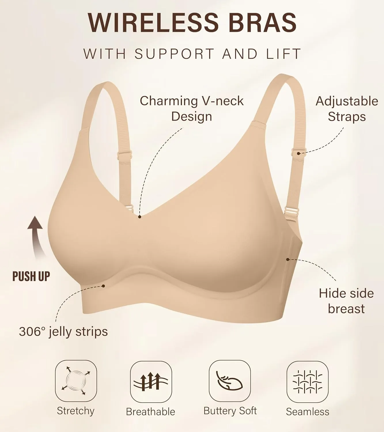 DEANGELMON Seamless Bras for Women No Underwire Comfortable Push Up Bra V Neck Wireless Bralette Full Coverage Wire Free