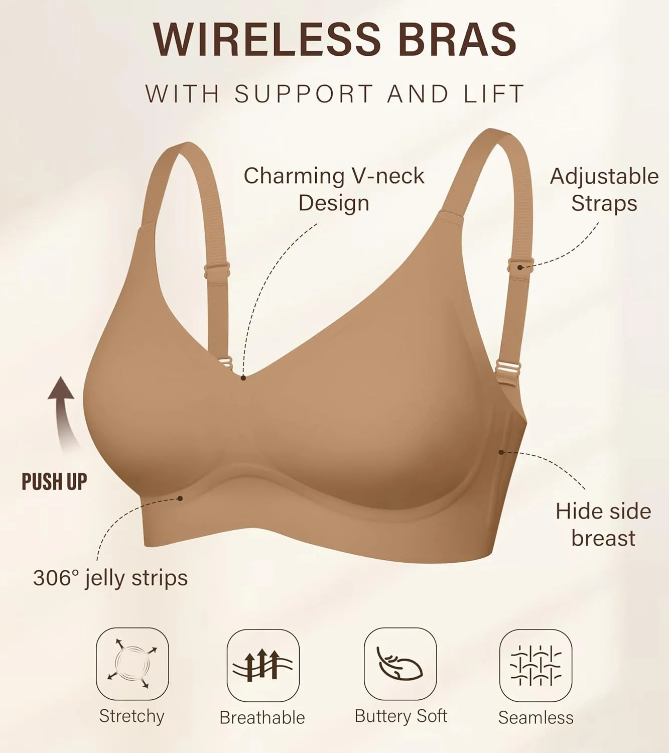 DEANGELMON Seamless Bras for Women No Underwire Comfortable Push Up Bra V Neck Wireless Bralette Full Coverage Wire Free