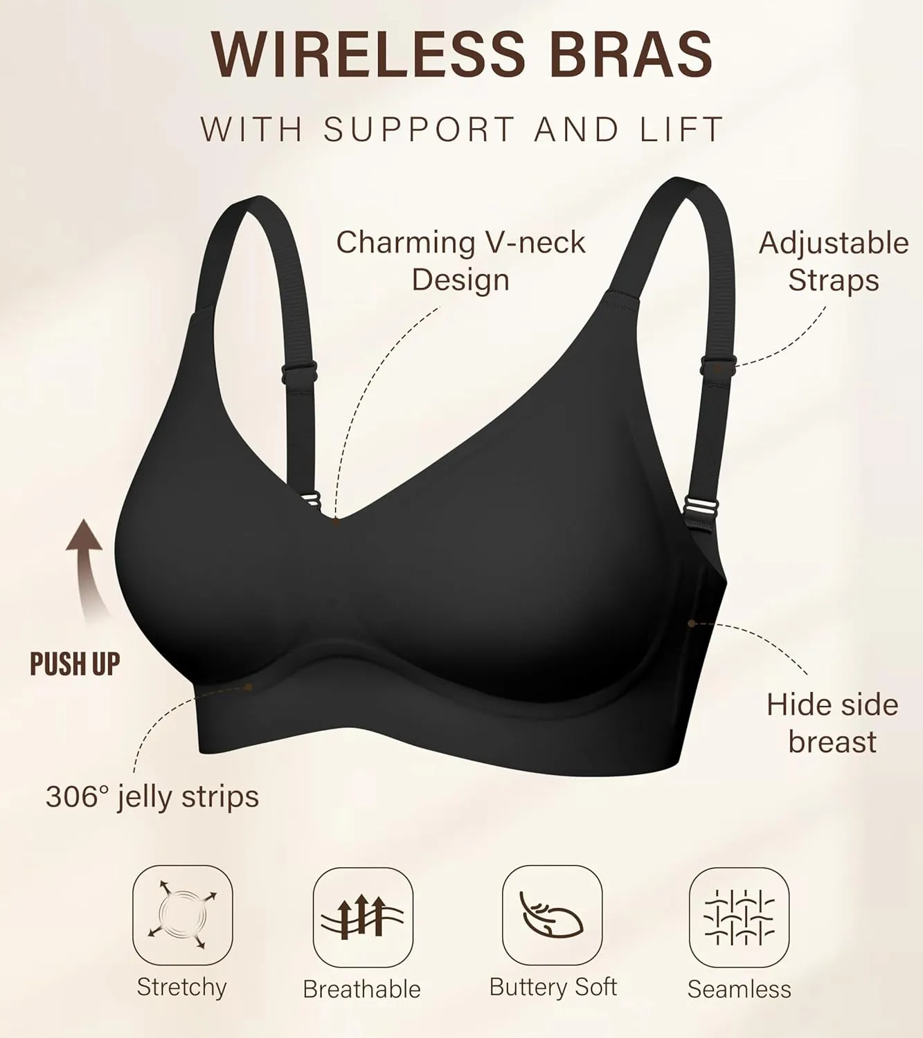 DEANGELMON Seamless Bras for Women No Underwire Comfortable Push Up Bra V Neck Wireless Bralette Full Coverage Wire Free