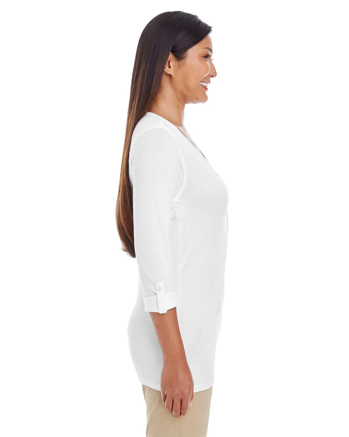 Devon & Jones Ladies' Perfect Fit™ Y-Placket Convertible Sleeve Knit Top