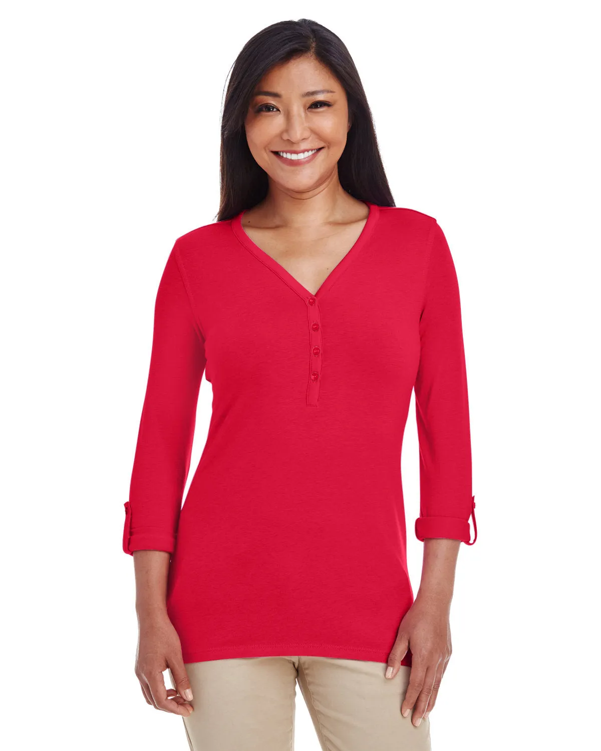 Devon & Jones Ladies' Perfect Fit™ Y-Placket Convertible Sleeve Knit Top
