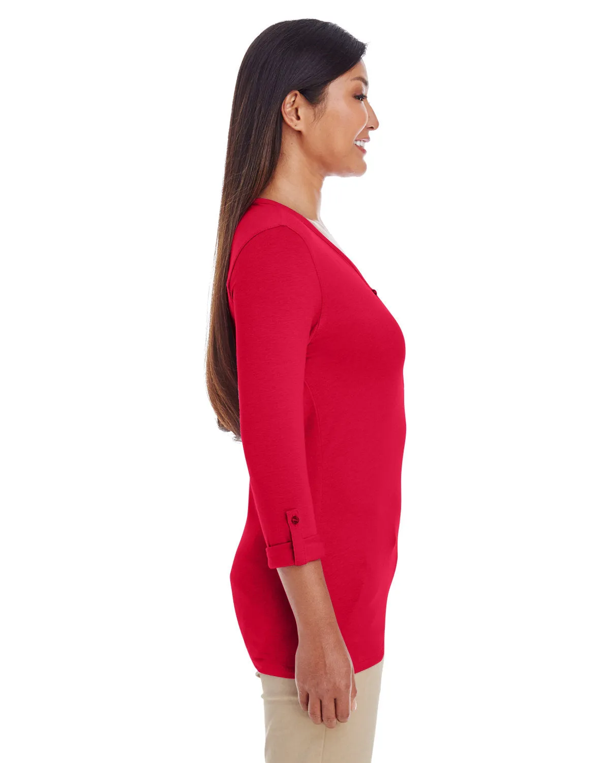 Devon & Jones Ladies' Perfect Fit™ Y-Placket Convertible Sleeve Knit Top