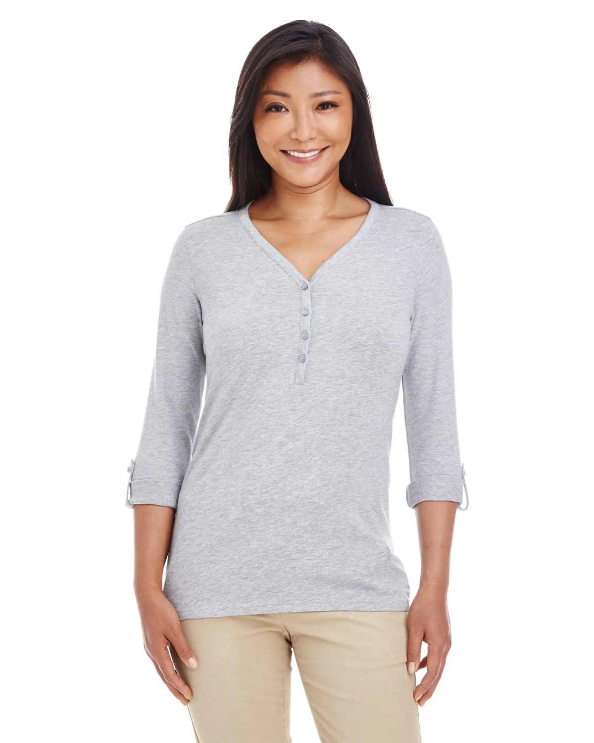 Devon & Jones Ladies' Perfect Fit™ Y-Placket Convertible Sleeve Knit Top