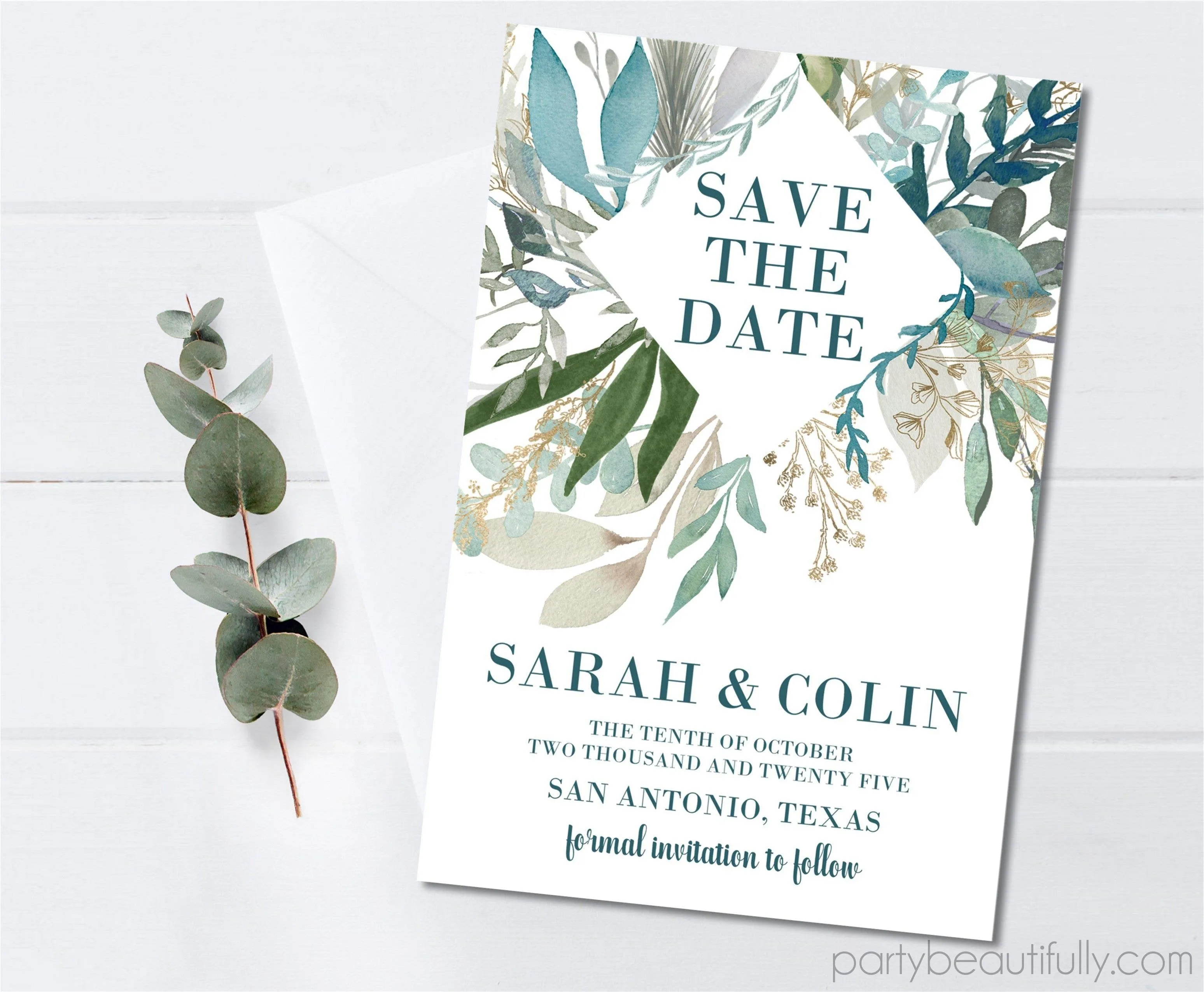 Eucalyptus And Blue Wedding Save The Date Cards