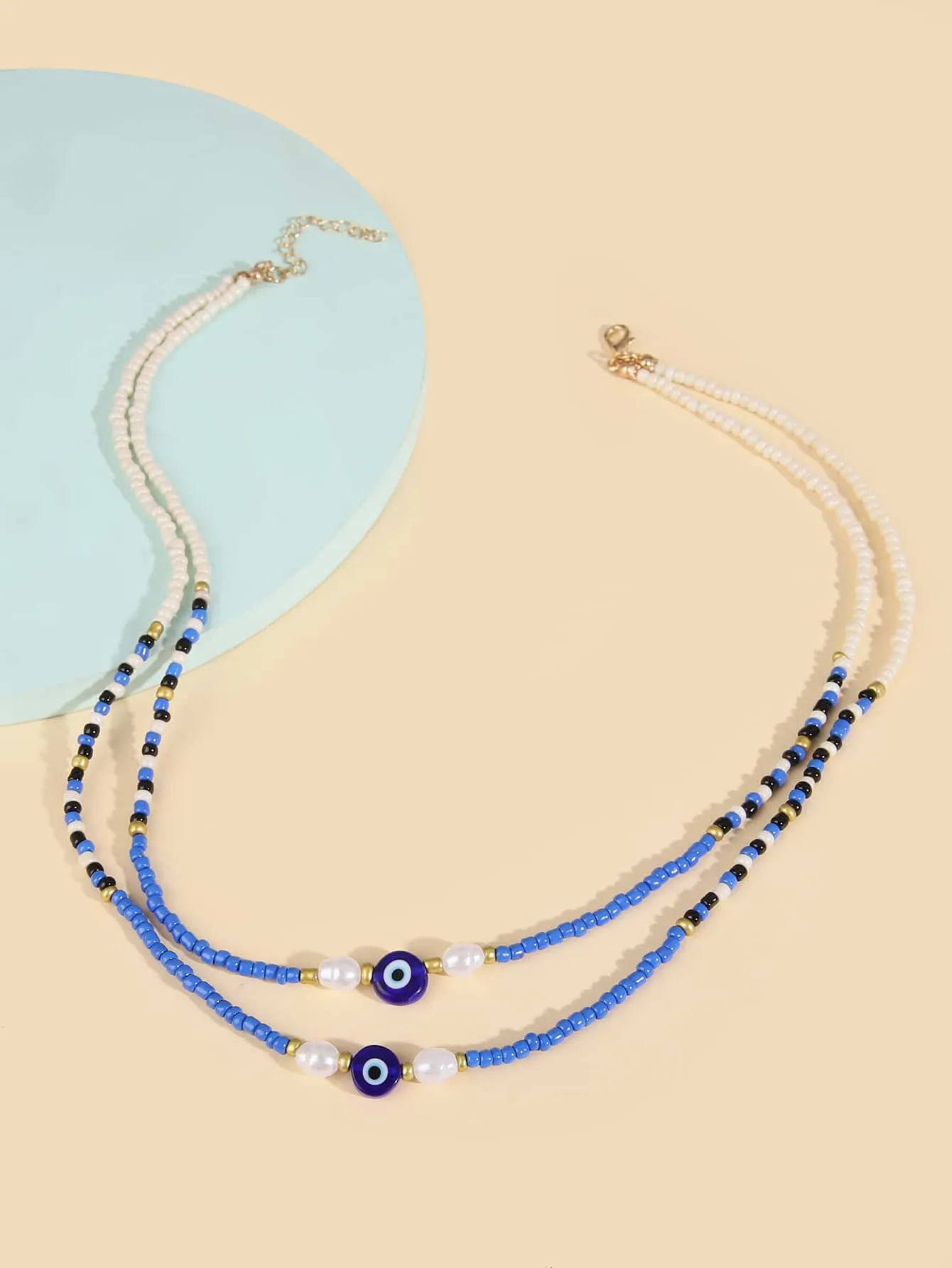 Evil Eye & Faux Pearl Decor Beaded Layered Necklace for Women Girls Accessories