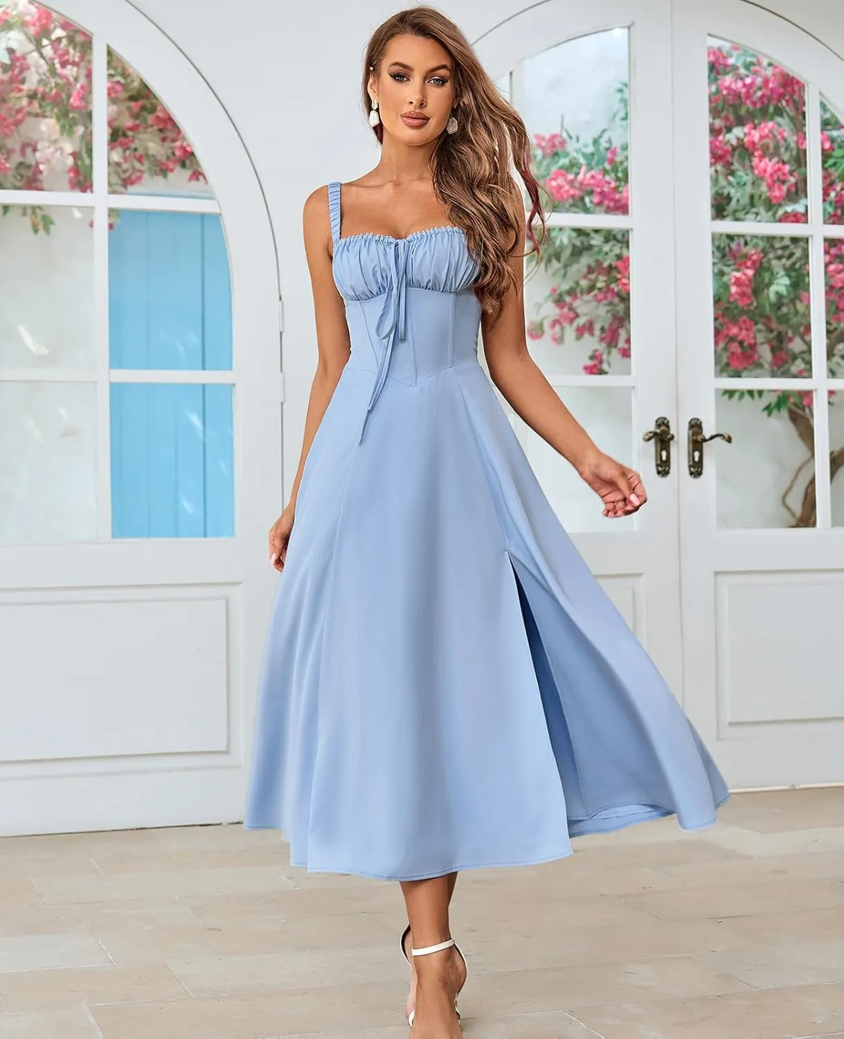 GLNEGE Women's Summer Corset Midi Dress Casual Lace Up Flowy Milkmaid Dresses A-Line Boho Sundress