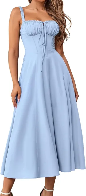 GLNEGE Women's Summer Corset Midi Dress Casual Lace Up Flowy Milkmaid Dresses A-Line Boho Sundress