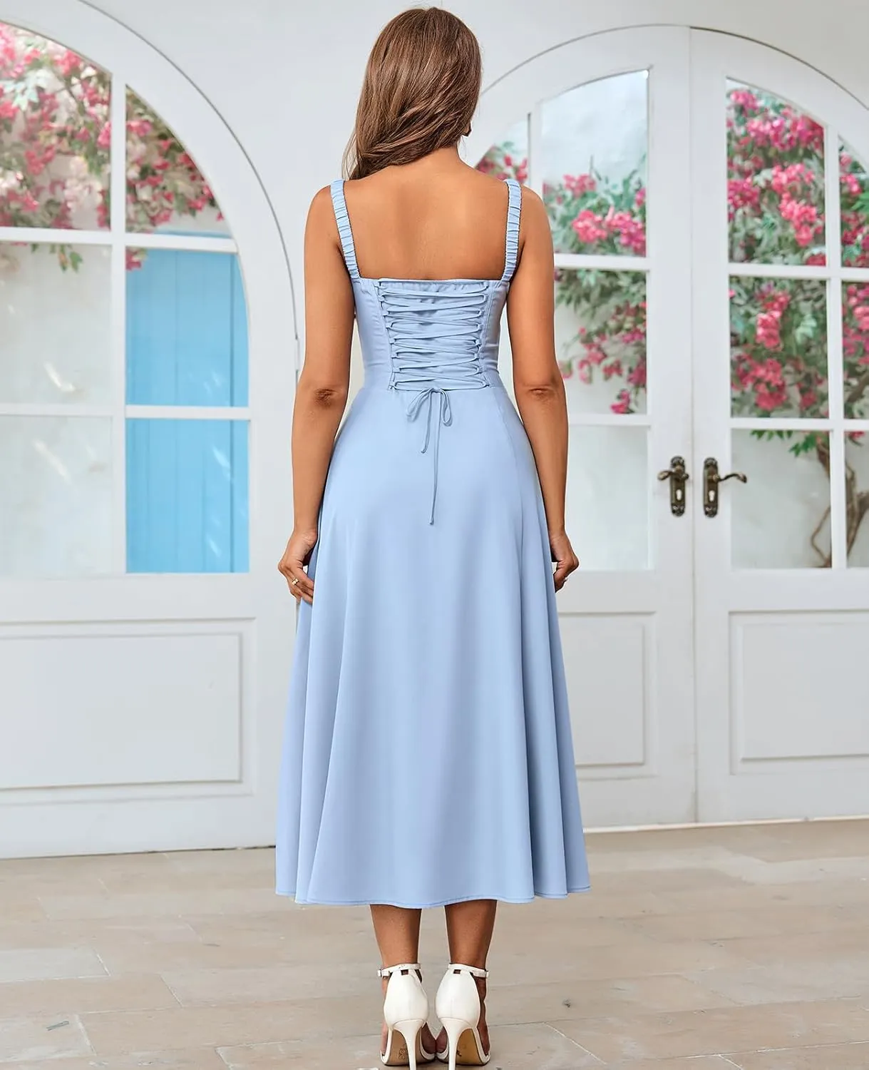 GLNEGE Women's Summer Corset Midi Dress Casual Lace Up Flowy Milkmaid Dresses A-Line Boho Sundress
