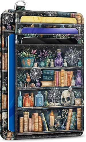 Goth Bookshelf Credit Card Holder RFID Wallet Women, Slim Wallet Front Pocket Small Card Holder, Funny Skull Gothic Case Organizer with ID Window PU Leather Witchy Gifts for Woman Girls