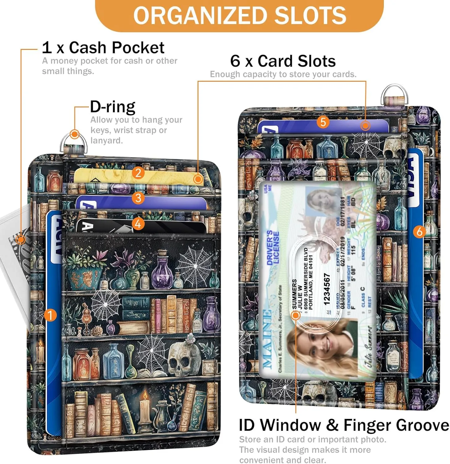 Goth Bookshelf Credit Card Holder RFID Wallet Women, Slim Wallet Front Pocket Small Card Holder, Funny Skull Gothic Case Organizer with ID Window PU Leather Witchy Gifts for Woman Girls