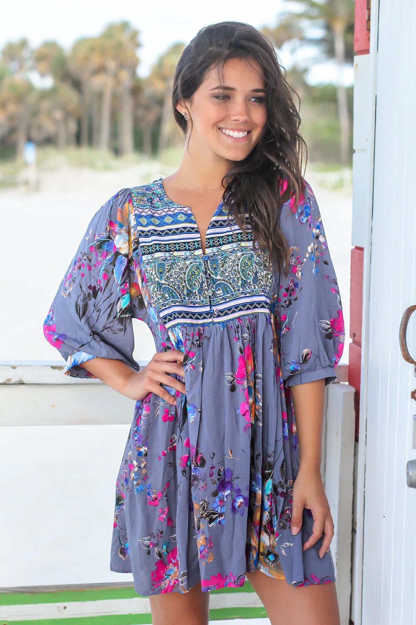 Gray Boho Floral Printed Short Dress