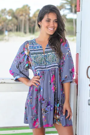 Gray Boho Floral Printed Short Dress