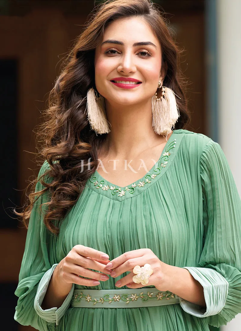 Green Ombré Minimalist Embroidered Crushed Gown