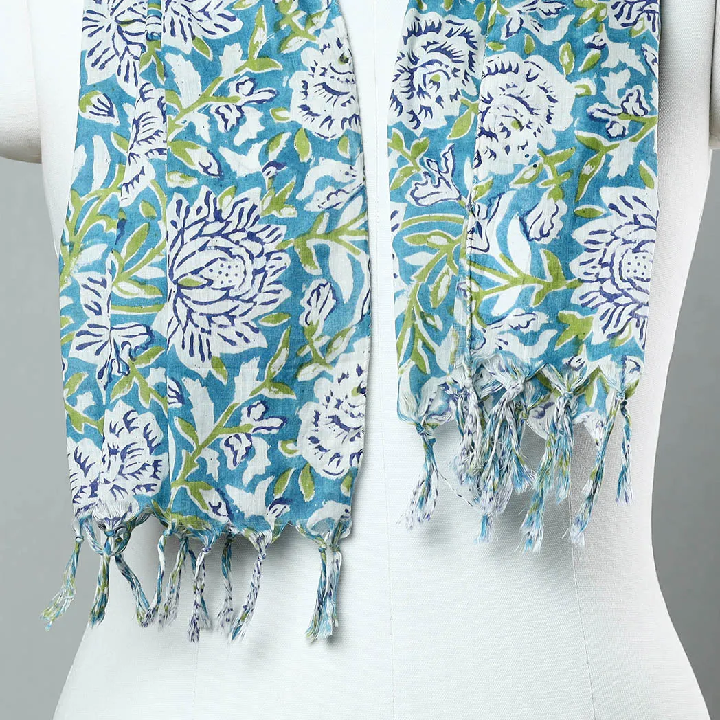 Green - Sanganeri Block Printed Cotton Stole with Tassels 23
