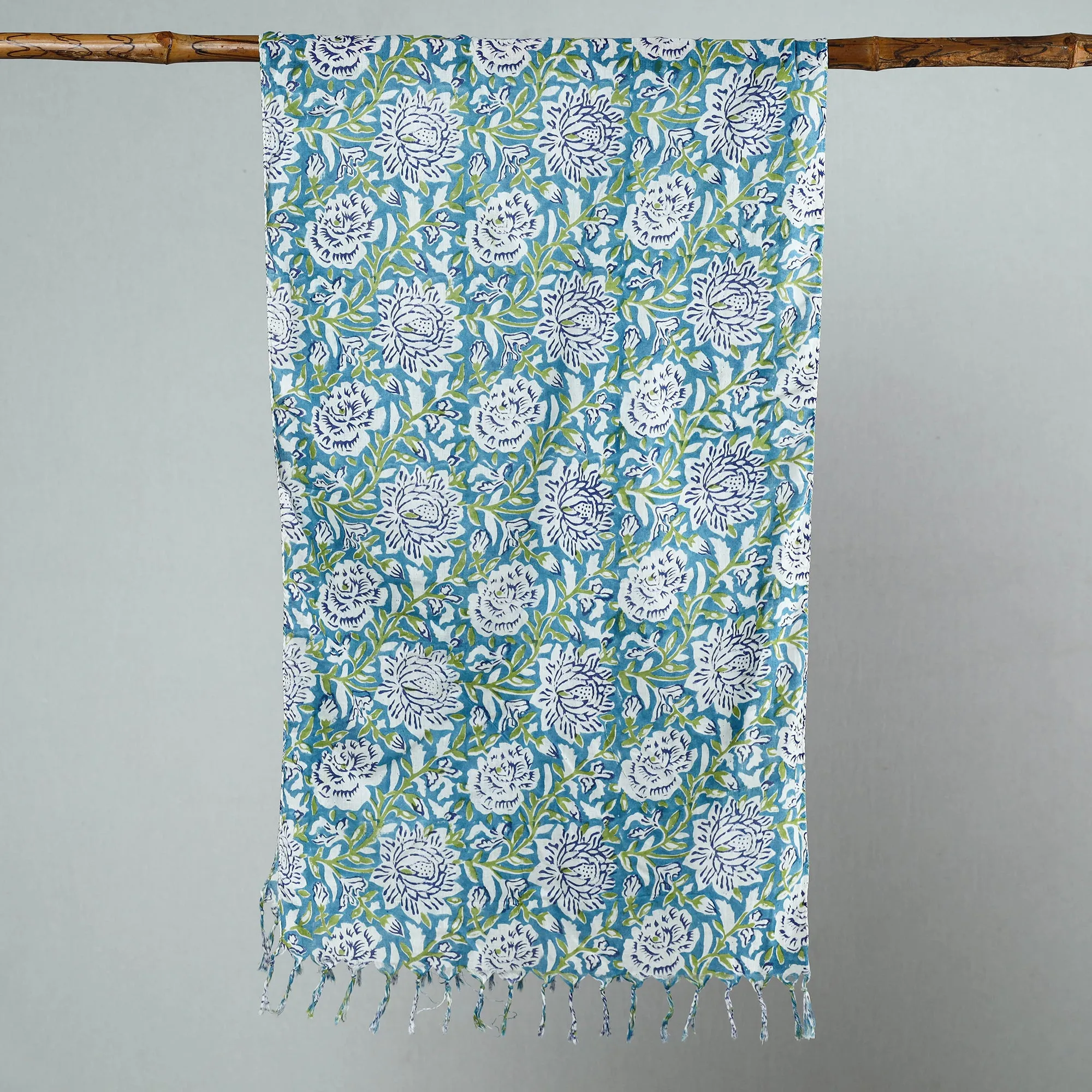 Green - Sanganeri Block Printed Cotton Stole with Tassels 23