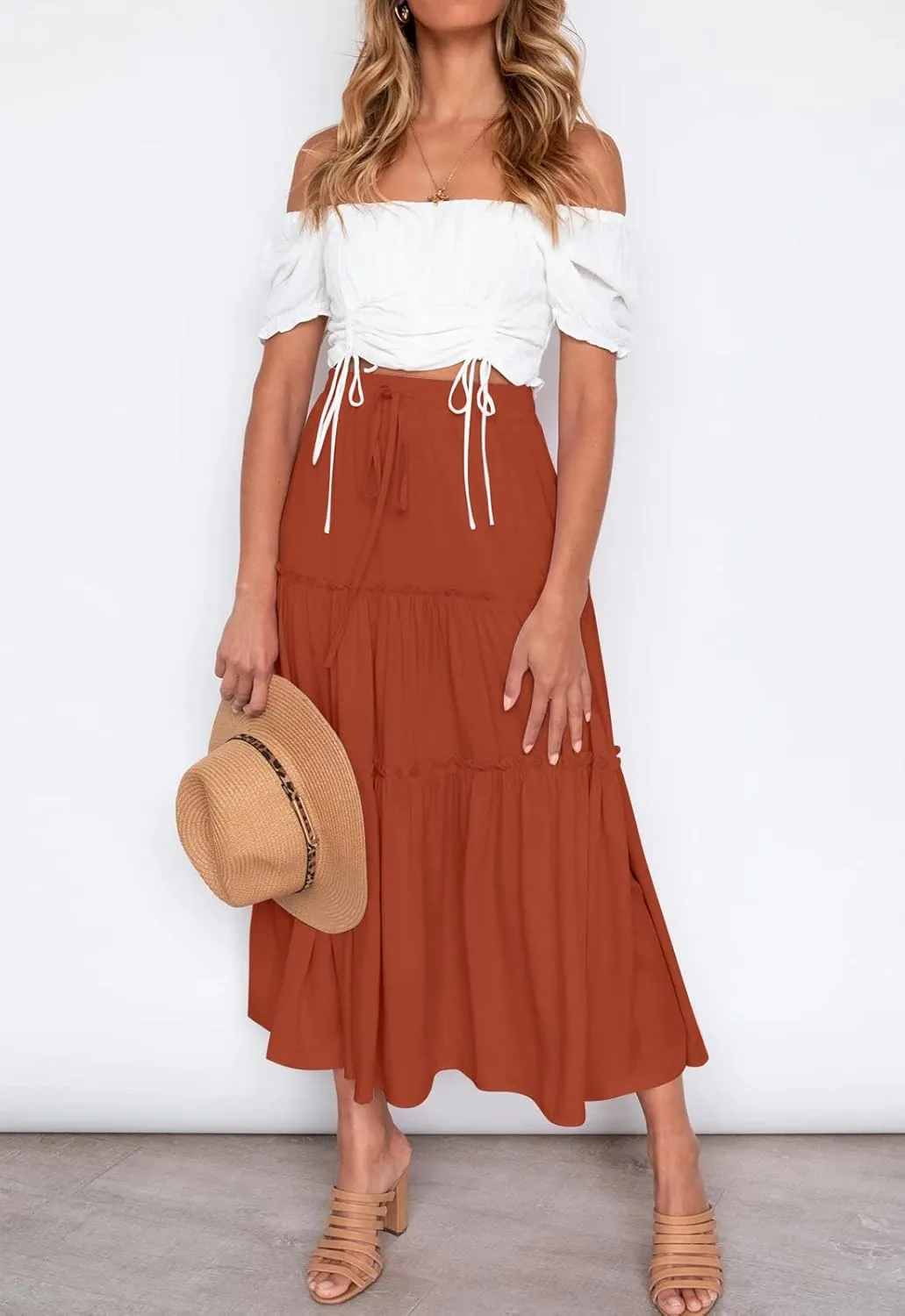 HAEOF Womens Summer Flowy Boho Midi Maxi Skirt Elastic High Waist A Line Pleated Tiered Trendy Beach Long Skirts with Pockets