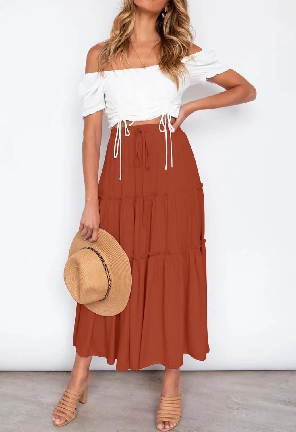 HAEOF Womens Summer Flowy Boho Midi Maxi Skirt Elastic High Waist A Line Pleated Tiered Trendy Beach Long Skirts with Pockets