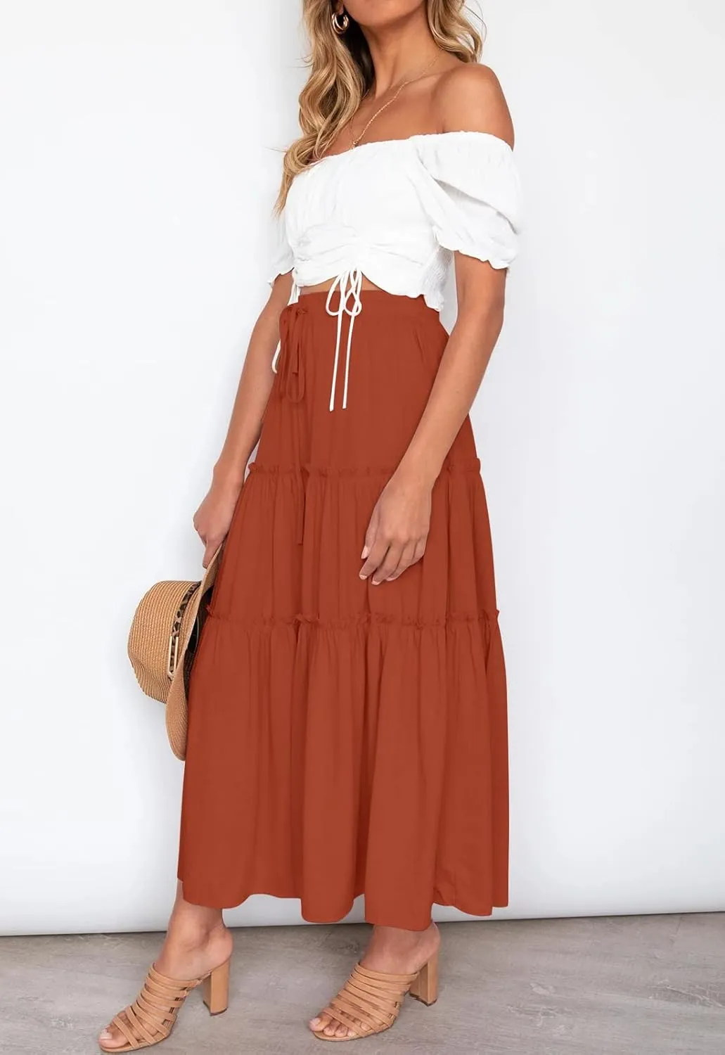 HAEOF Womens Summer Flowy Boho Midi Maxi Skirt Elastic High Waist A Line Pleated Tiered Trendy Beach Long Skirts with Pockets