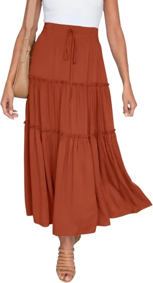 HAEOF Womens Summer Flowy Boho Midi Maxi Skirt Elastic High Waist A Line Pleated Tiered Trendy Beach Long Skirts with Pockets