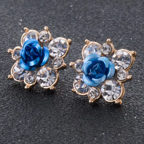 High Quality Rhinestone Flower Crystal Stud Earrings For Women Party Rose Pink Blue Romantic  Boho Fashion Jewelry e0155