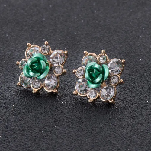 High Quality Rhinestone Flower Crystal Stud Earrings For Women Party Rose Pink Blue Romantic  Boho Fashion Jewelry e0155
