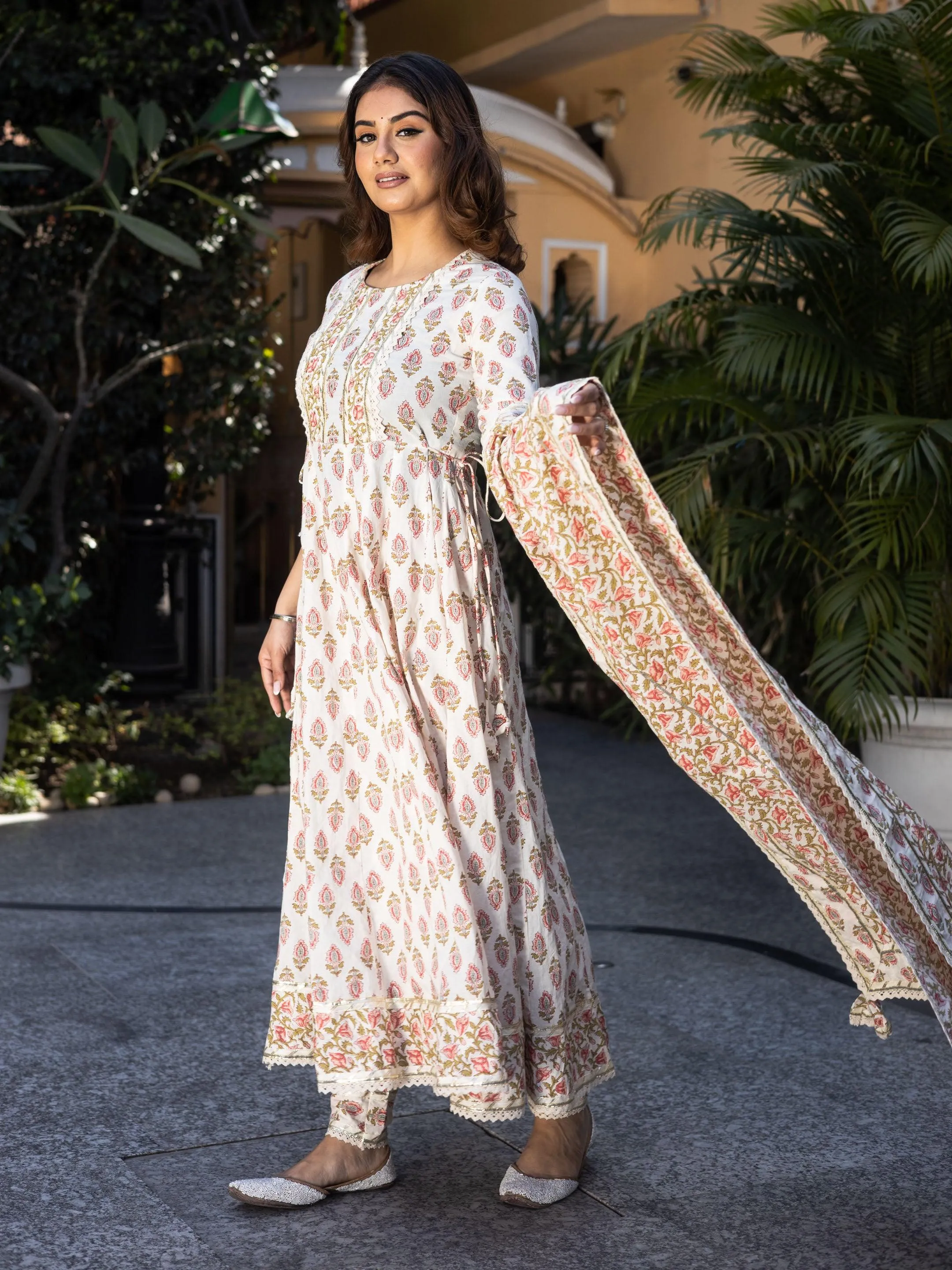 Jashvi Cream Floral Anarkali Cotton Kurta Palazzo set with Dupatta