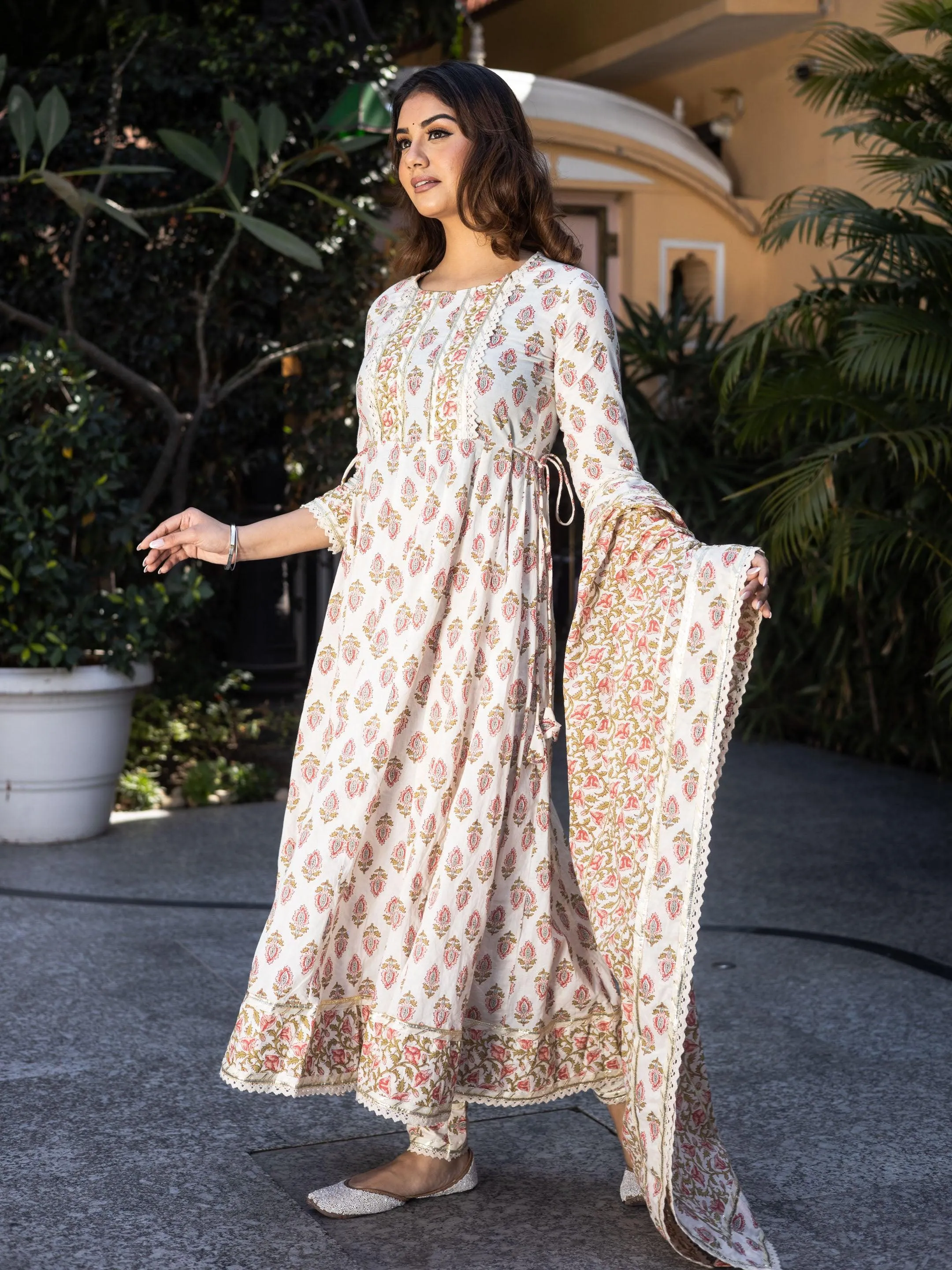Jashvi Cream Floral Anarkali Cotton Kurta Palazzo set with Dupatta