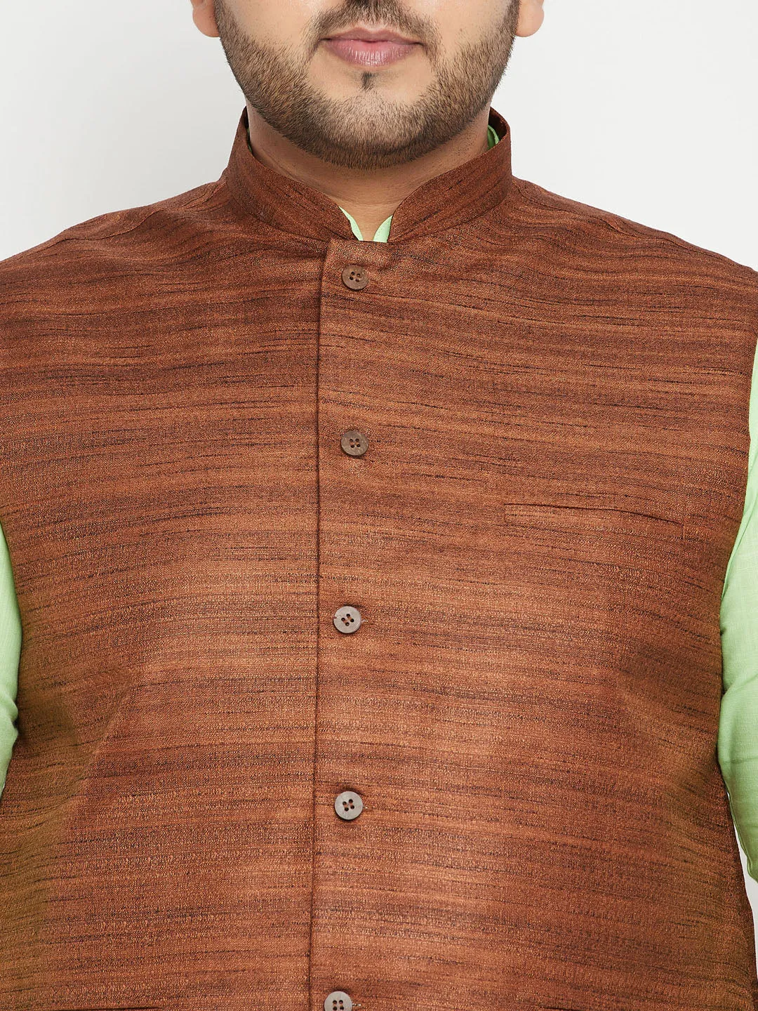 Jashvi Men's Plus Size Mint Green and Coffee Brown Cotton Blend Jacket Kurta Pyjama Set