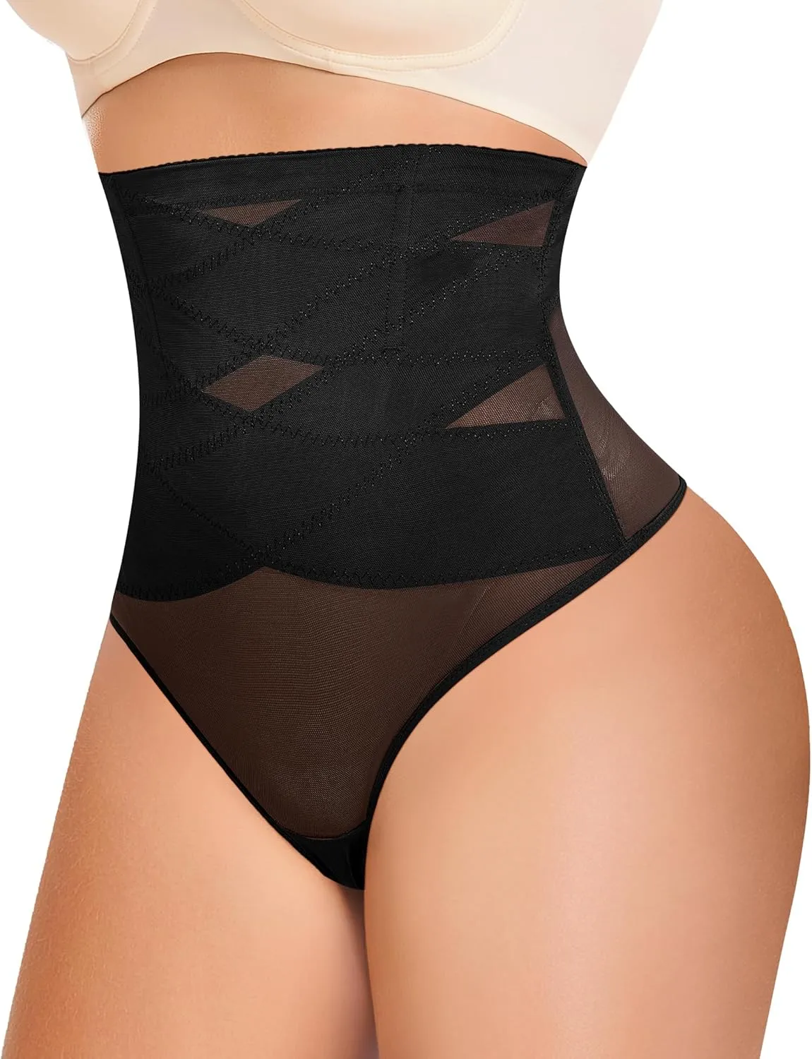 KUMAYES Tummy Control Shapewear Thong for Women - High Waisted Thong Compression Underwear Body Shaper Girdle Panty 2 Pack