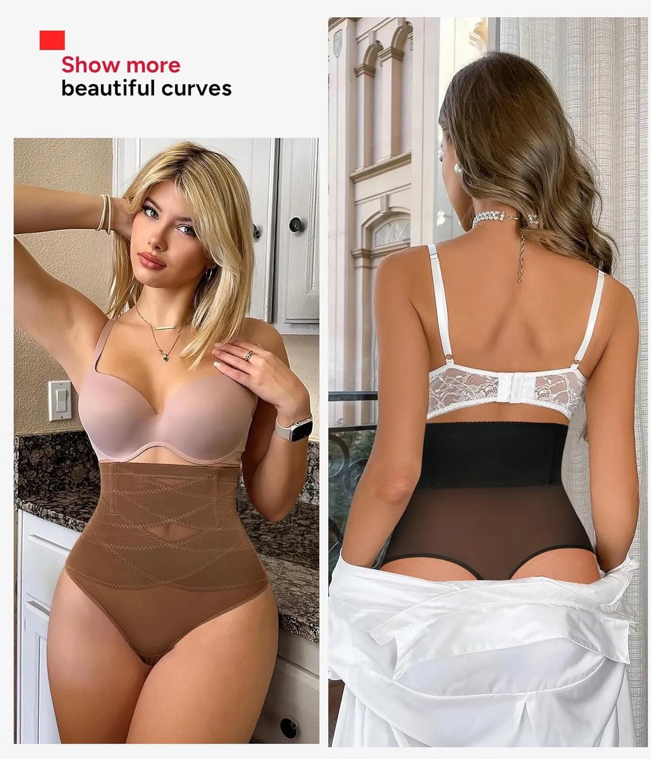 KUMAYES Tummy Control Shapewear Thong for Women - High Waisted Thong Compression Underwear Body Shaper Girdle Panty 2 Pack