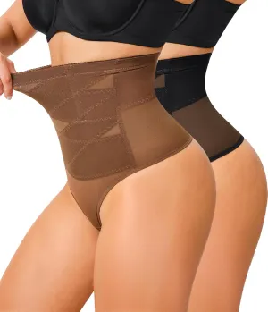 KUMAYES Tummy Control Shapewear Thong for Women - High Waisted Thong Compression Underwear Body Shaper Girdle Panty 2 Pack