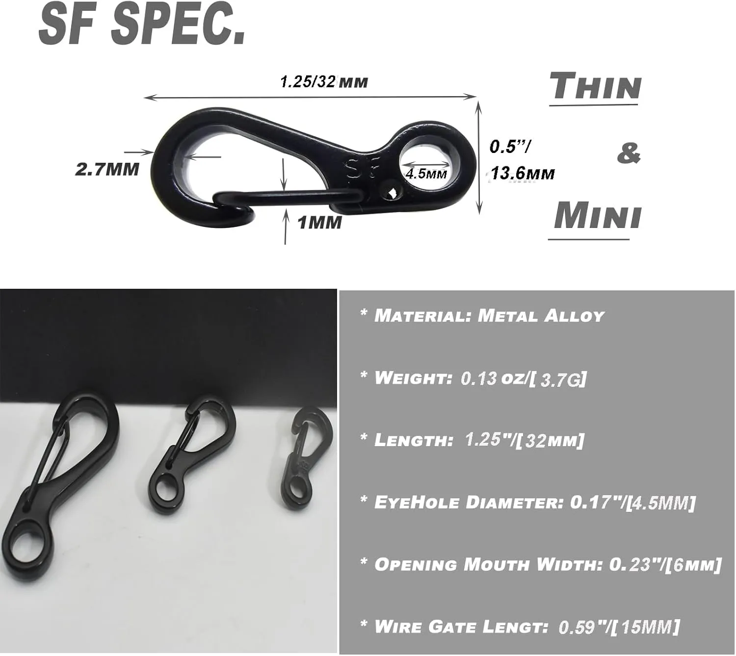 Mini Carabiner Clips with Metal Spring Wiregate Hook and Little Eye Hole for Keychain Backpack Clasps