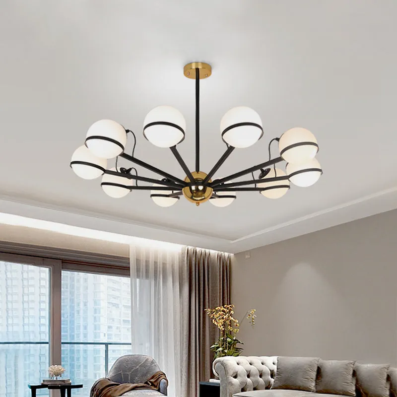 Modernist Round Hanging Chandelier - Frosted White Glass - 6/8/10 Bulbs - Pendant Light in Black