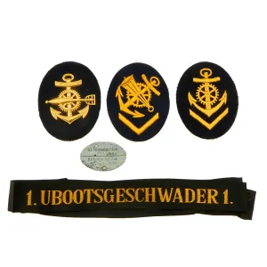 Original German U-boat Insignia Lot - WWII Kriegsmarine Ratings Badges & Dog Tag with Post War Cap Tally
