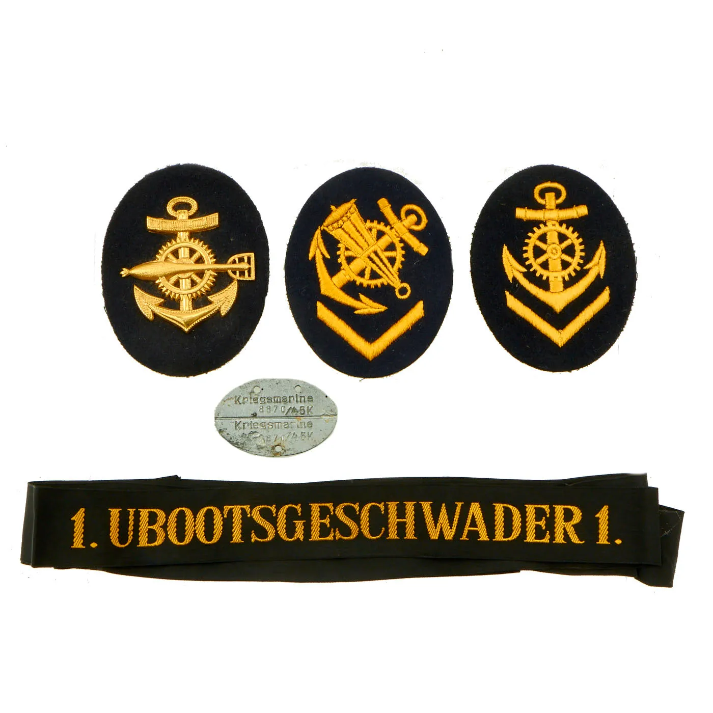Original German U-boat Insignia Lot - WWII Kriegsmarine Ratings Badges & Dog Tag with Post War Cap Tally