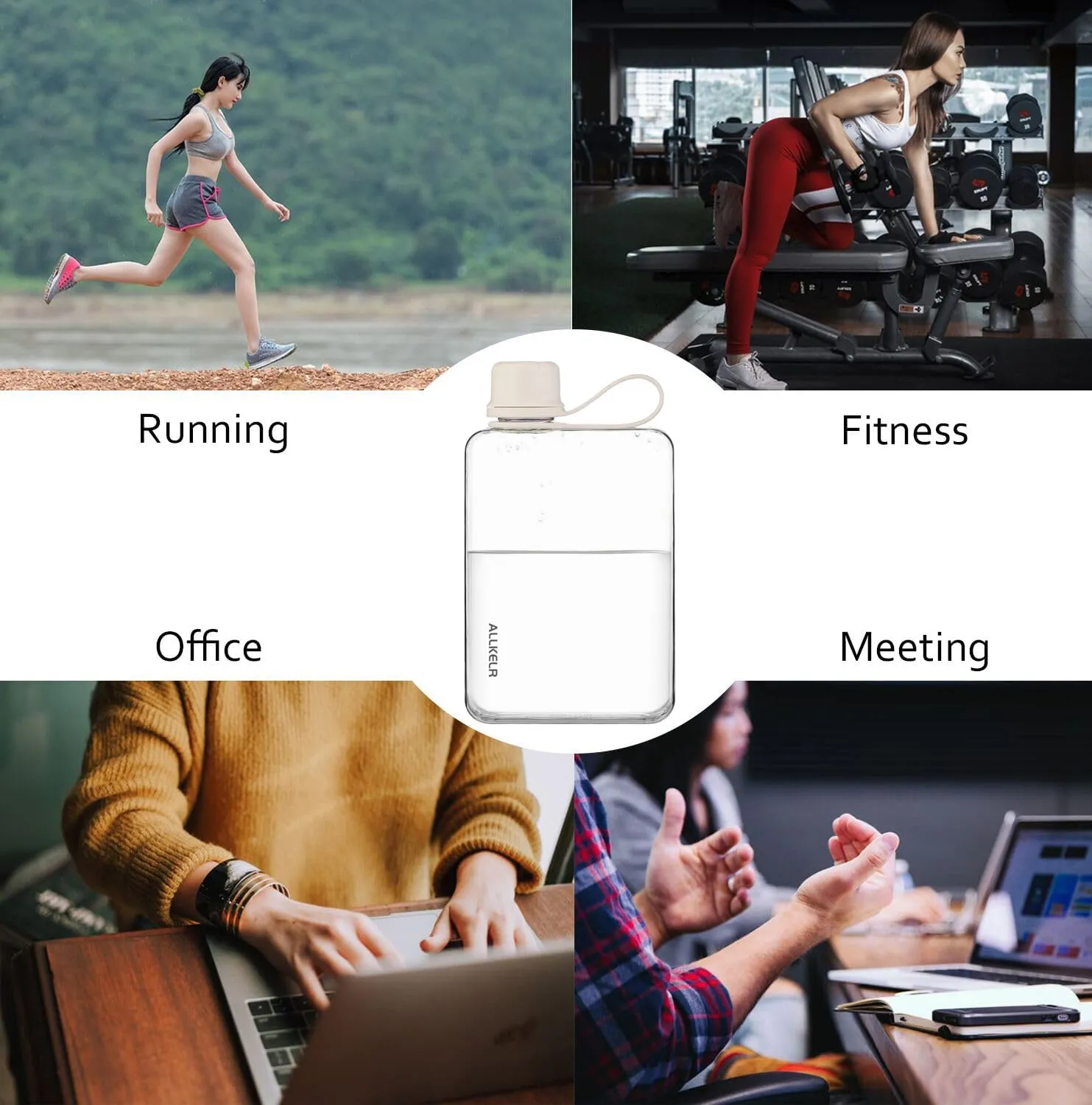 Portable Flat Water Bottle,BPA Free Reusable Tritan Plastic Travel Water Bottle Cup,Lightweight Leakproof Slim Water Bottle Fits Purse,Backpacking, Hiking (White, 17 oz)