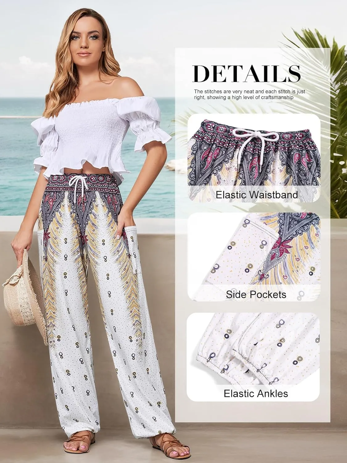 QIANXIZHAN Women's Harem Pants, Hippie Palazzo Pants Boho Joggers Yoga Clothes with Pockets