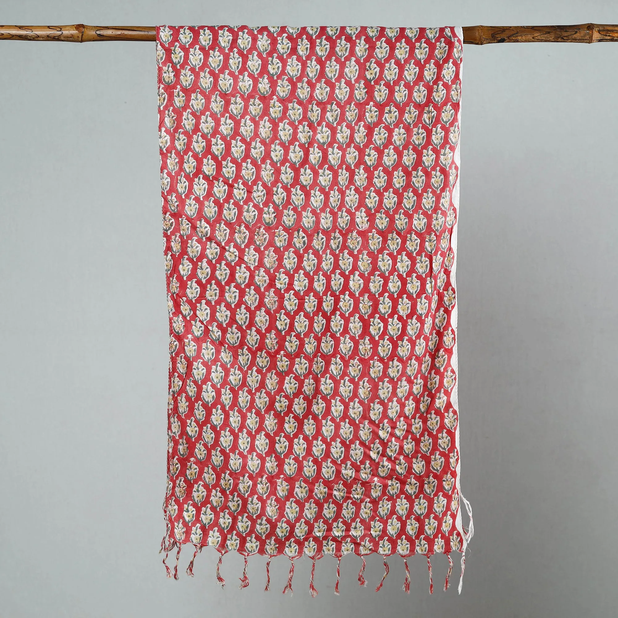 Red - Sanganeri Block Printed Cotton Stole with Tassels 12