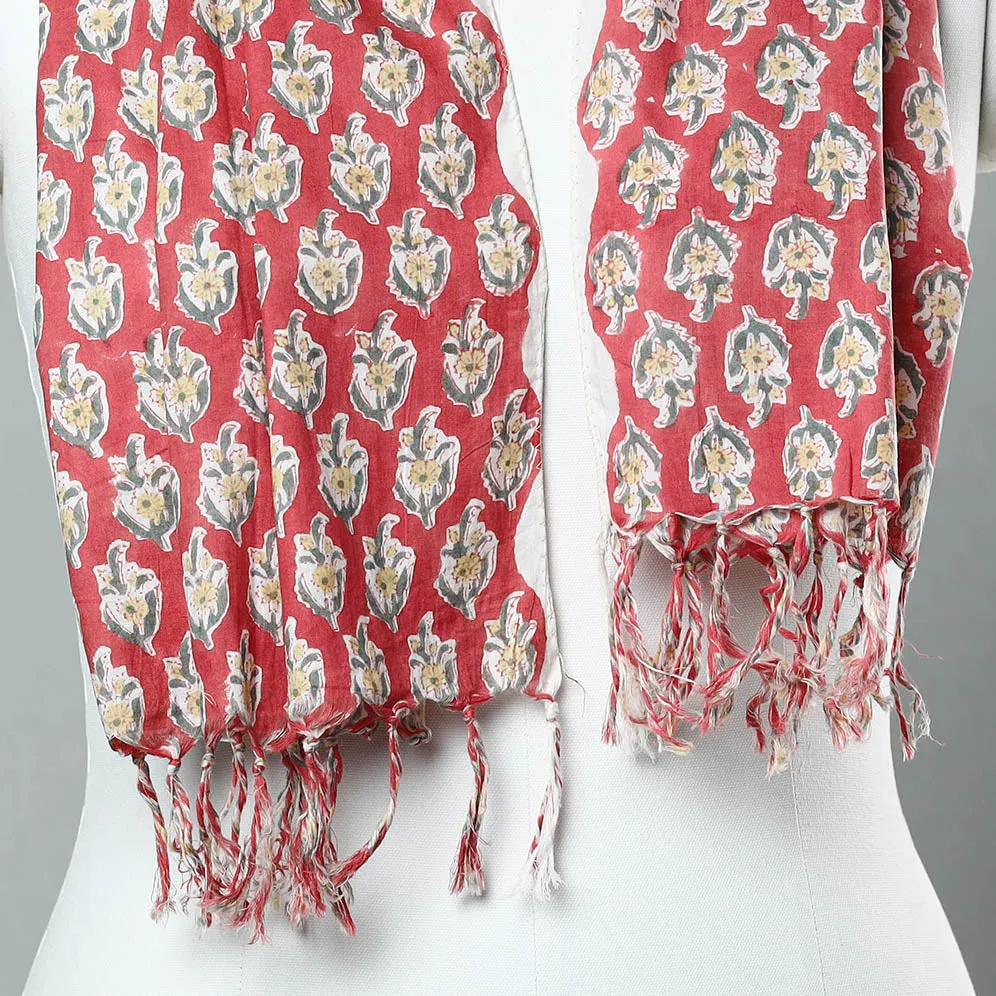 Red - Sanganeri Block Printed Cotton Stole with Tassels 12