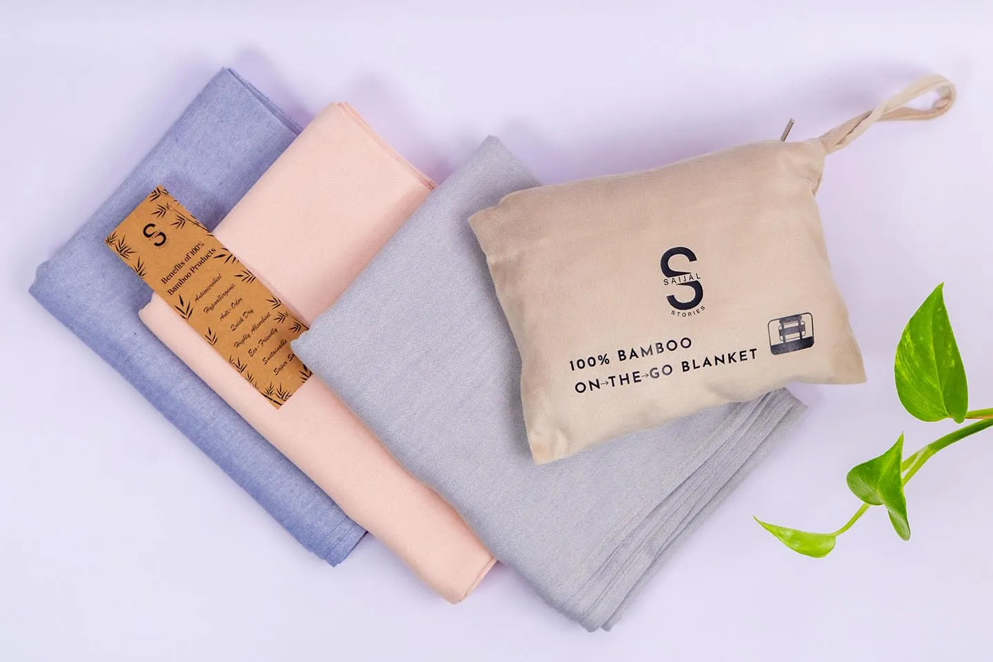 Saijal Stories Bamboo Yarns Lightweight Portable Super Soft Multipurpose Blanket with Belt Strap for Comfortable Journey (150 cm X 105cm, Powder Blue)