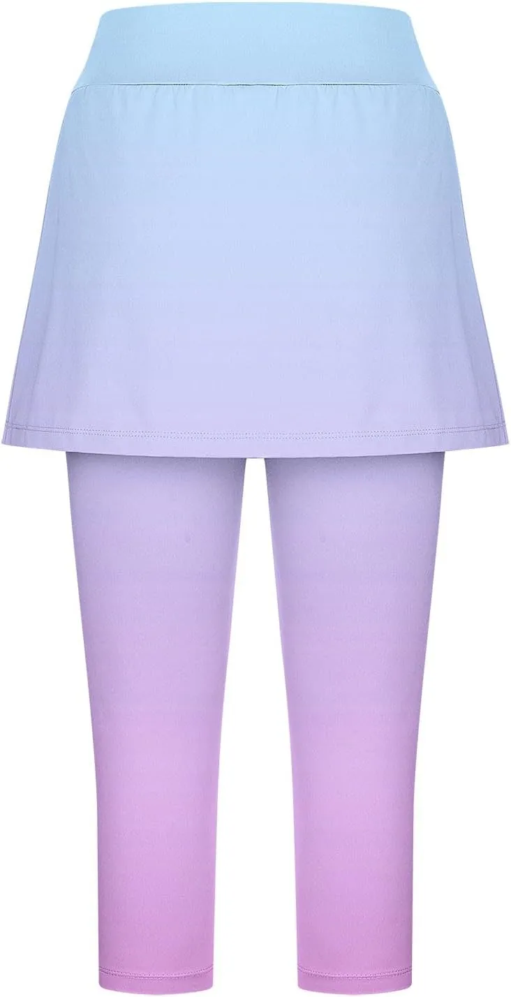 Skirted Leggings for Women Tennis Golf Skorts Capris Gym Yoga Legging with Skirts Gradient Color Workout Capri Pants