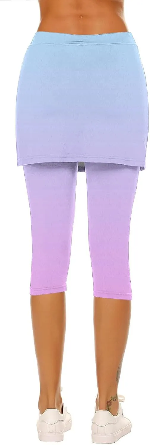 Skirted Leggings for Women Tennis Golf Skorts Capris Gym Yoga Legging with Skirts Gradient Color Workout Capri Pants