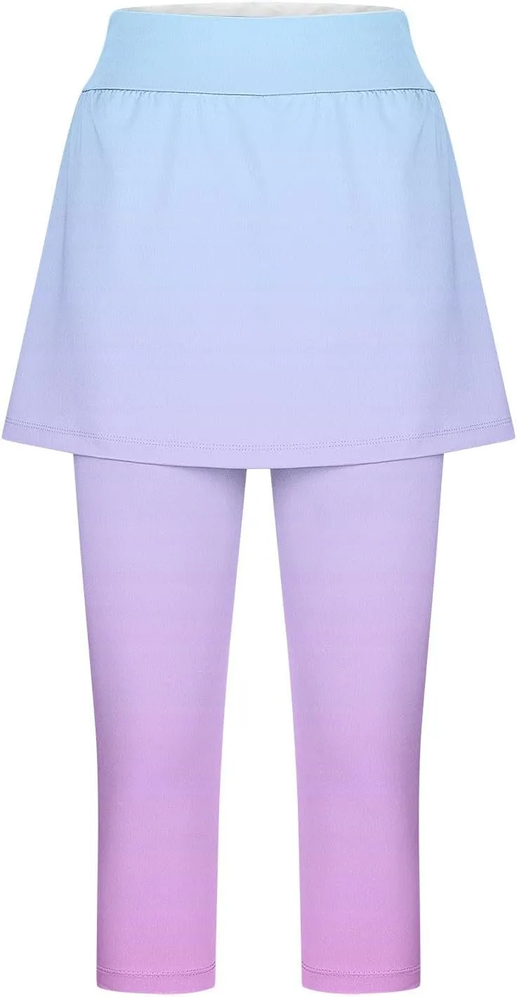Skirted Leggings for Women Tennis Golf Skorts Capris Gym Yoga Legging with Skirts Gradient Color Workout Capri Pants