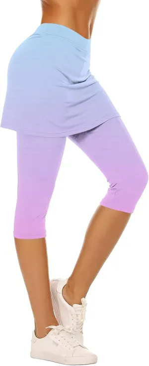 Skirted Leggings for Women Tennis Golf Skorts Capris Gym Yoga Legging with Skirts Gradient Color Workout Capri Pants