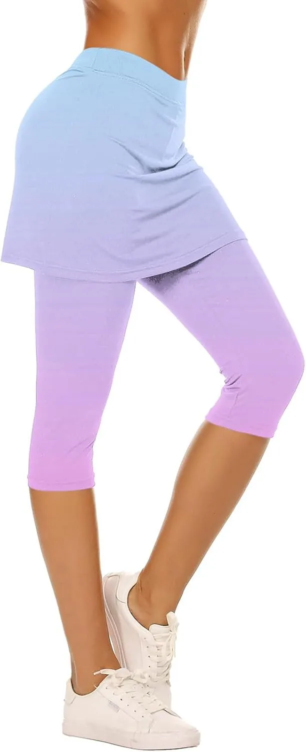 Skirted Leggings for Women Tennis Golf Skorts Capris Gym Yoga Legging with Skirts Gradient Color Workout Capri Pants