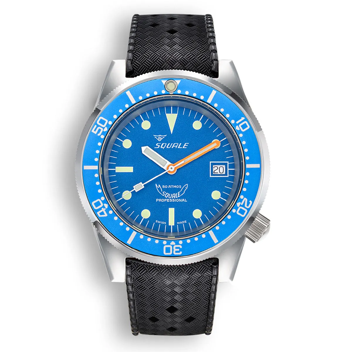 Squale 1521 Swiss Made Divers Watch, Ocean Blue Polished Case - Rubber