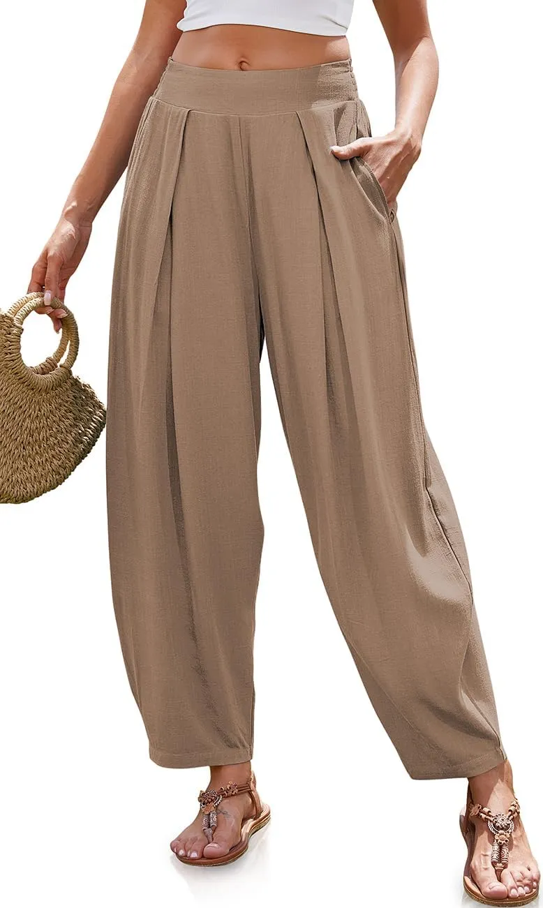 TARSE Womens Linen Harem Pants Loose Fit Boho Pants with Wide Waistband Casual Lounge Trousers for Summer Beach Vacation