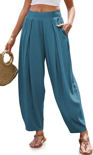 TARSE Womens Linen Harem Pants Loose Fit Boho Pants with Wide Waistband Casual Lounge Trousers for Summer Beach Vacation