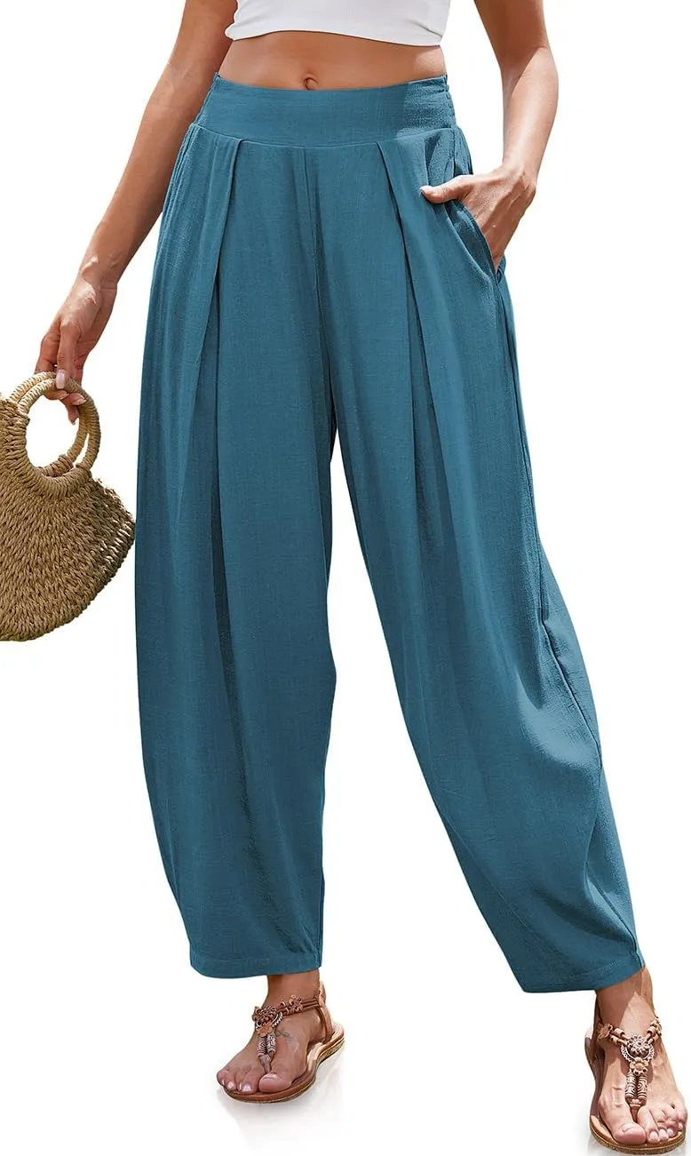 TARSE Womens Linen Harem Pants Loose Fit Boho Pants with Wide Waistband Casual Lounge Trousers for Summer Beach Vacation
